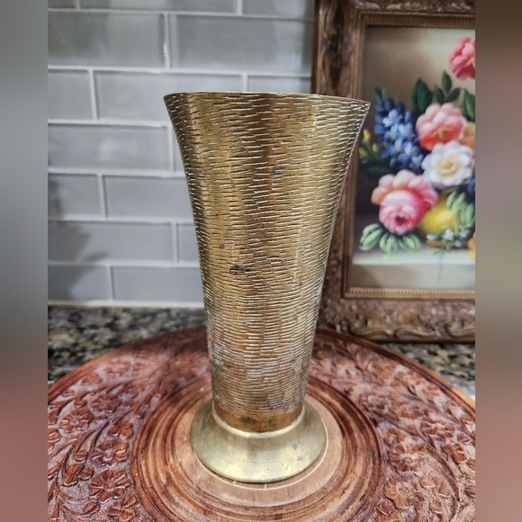 Vintage 7" Etched Brass Flower Vase - Picture 6 of 6
